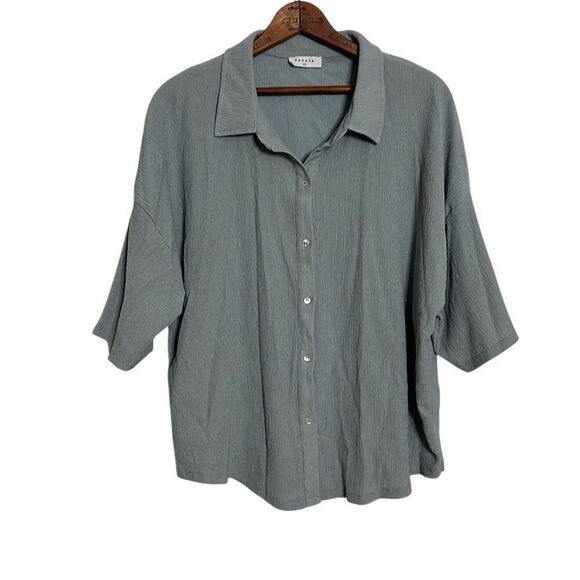 Papaya Short Sleeve Collared Stretch Textured Button Up Shirt Sage Green Size 20 - Picture 1 of 8
